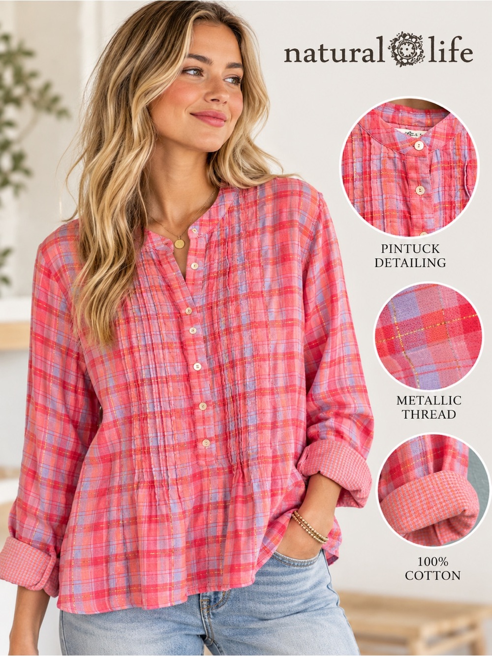 Natural Life Pink Blue Plaid Metallic Pintuck Cotton Blouse Size L